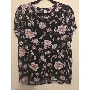 Old Navy Floral Button Blouse Womens Large Black Pink Excellent Flutter Sleeve